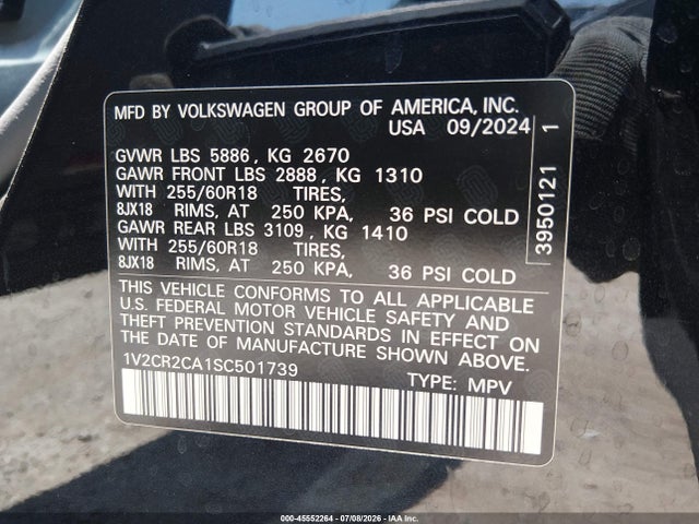 Aukcja sprzedaży 2025 Volkswagen Atlas 2.0t Peak Edition, vin: 1V2CR2CA1SC501739, numer aukcji: 45552264