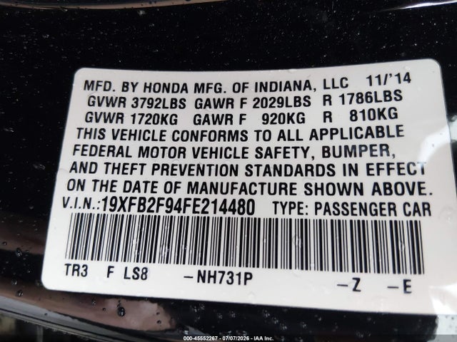 19XFB2F94FE214480 Honda Civic Ex-l