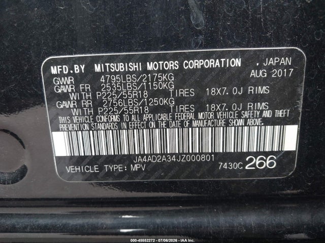 Продажа на аукционе авто 2018 Mitsubishi Outlander Es, vin: JA4AD2A34JZ000801, номер лота: 45552272