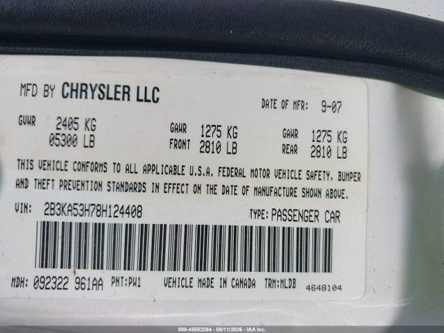 45552284 :رقم المزاد ، 2B3KA53H78H124408 vin ، 2008 Dodge Charger R/t مزاد بيع