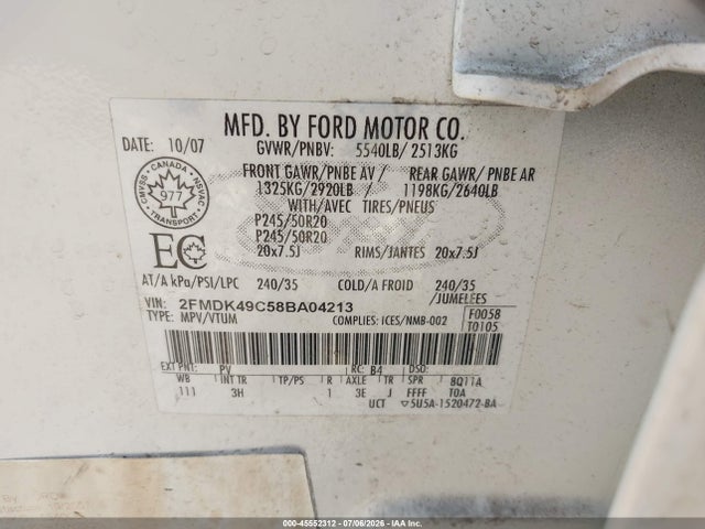 Продаж на аукціоні авто 2008 Ford Edge Limited, vin: 2FMDK49C58BA04213, номер лоту: 45552312