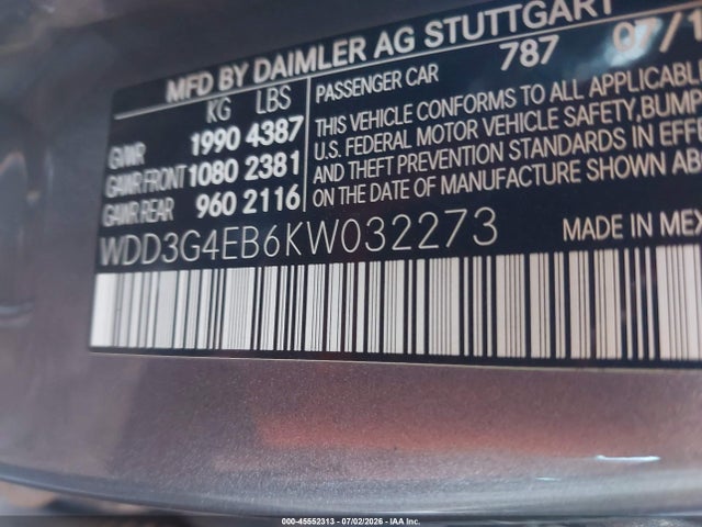 45552313 :رقم المزاد ، WDD3G4EB6KW032273 vin ، 2019 Mercedes-benz A 220 مزاد بيع
