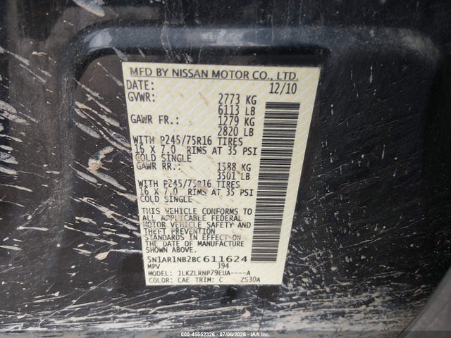 Продажа на аукционе авто 2011 Nissan Pathfinder S, vin: 5N1AR1NB2BC611624, номер лота: 45552326