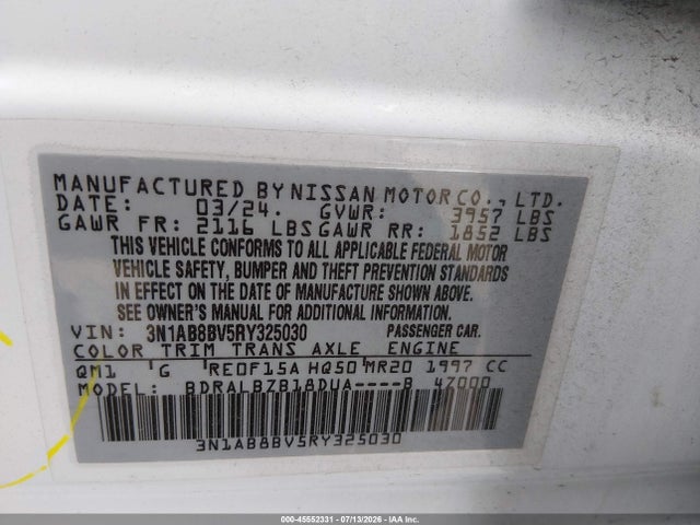 Aukcja sprzedaży 2024 Nissan Sentra S Xtronic Cvt, vin: 3N1AB8BV5RY325030, numer aukcji: 45552331