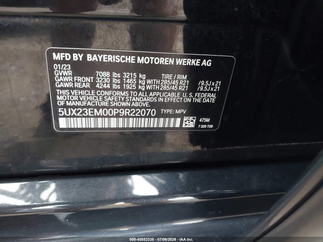 45552338 :رقم المزاد ، 5UX23EM00P9R22070 vin ، 2023 Bmw X7 Xdrive40i مزاد بيع
