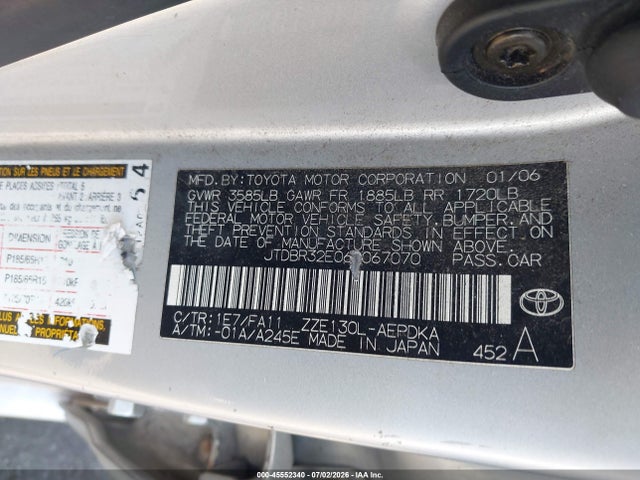 Auction sale of the 2006 Toyota Corolla Ce, vin: JTDBR32E060067070, lot number: 45552340