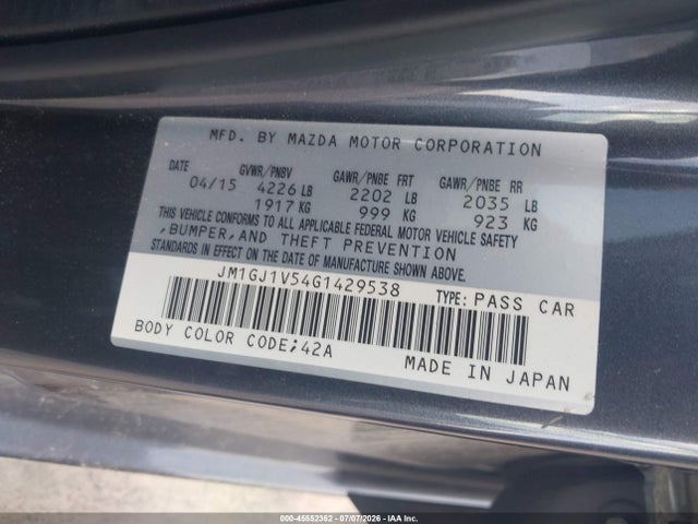 Aukcja sprzedaży 2016 Mazda Mazda6 I Touring, vin: JM1GJ1V54G1429538, numer aukcji: 45552362