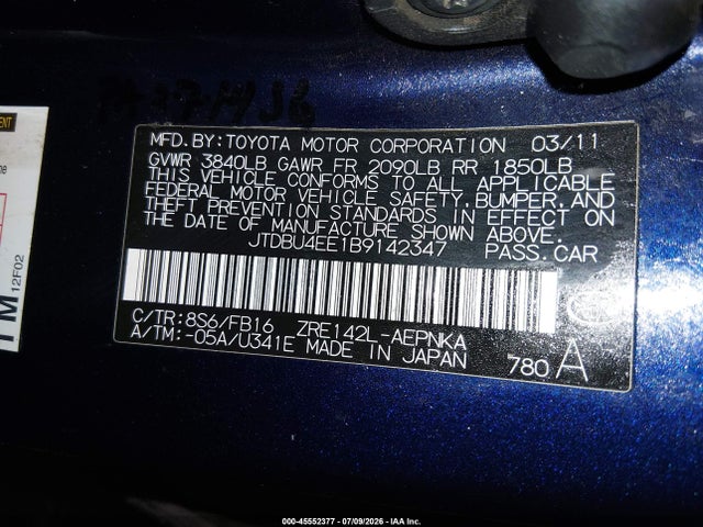 45552377 :رقم المزاد ، JTDBU4EE1B9142347 vin ، 2011 Toyota Corolla Le مزاد بيع