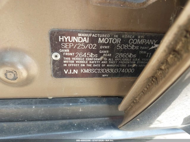 Aukcja sprzedaży 2003 Hyundai Santa Fe Gls/lx, vin: KM8SC13D83U374000, numer aukcji: 45552386