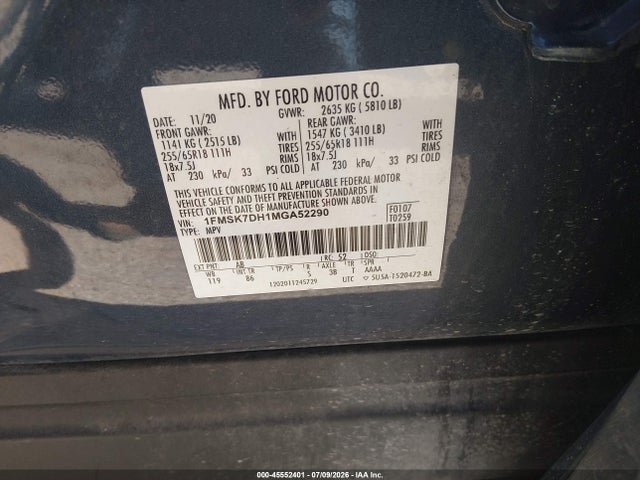 45552401 :رقم المزاد ، 1FMSK7DH1MGA52290 vin ، 2021 Ford Explorer Xlt مزاد بيع