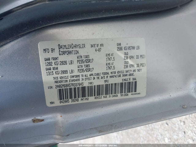 Продаж на аукціоні авто 2007 Chrysler Pacifica Touring, vin: 2A8GM68X57R337845, номер лоту: 45552411