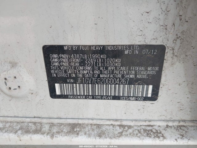 Продажа на аукционе авто 2013 Subaru Impreza Wrx, vin: JF1GV7E62DG004267, номер лота: 45552421