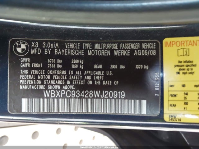 Продажа на аукционе авто 2008 Bmw X3 3.0si, vin: WBXPC93428WJ20919, номер лота: 45552427