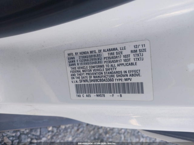 Aukcja sprzedaży 2012 Honda Odyssey Ex-l, vin: 5FNRL5H69CB043360, numer aukcji: 45552434