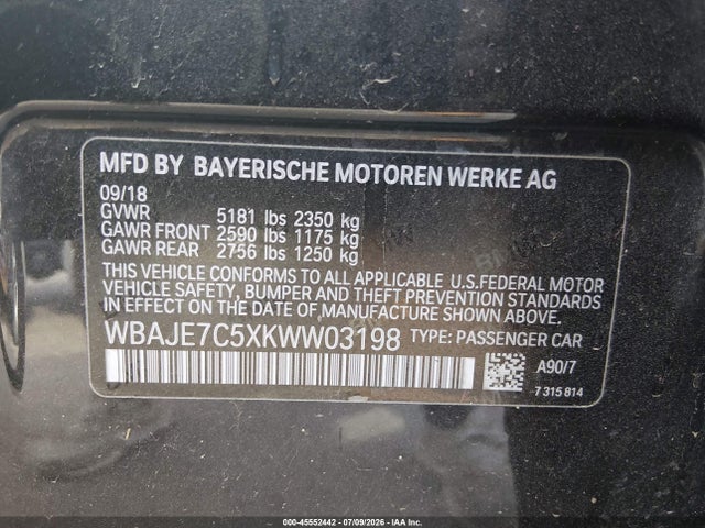 2019 Bmw 540i Xdrive მანქანა იყიდება აუქციონზე, vin: WBAJE7C5XKWW03198, აუქციონის ნომერი: 45552442