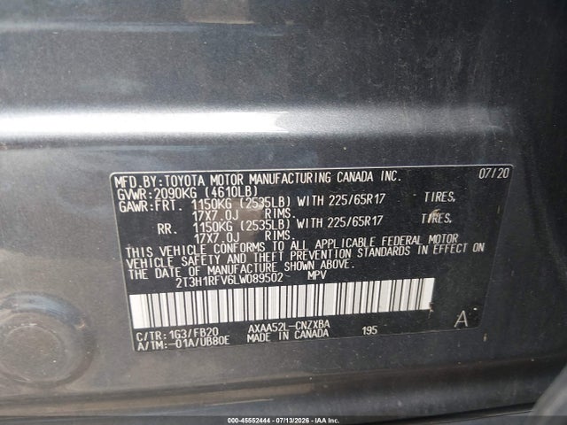 2020 Toyota Rav4 Le მანქანა იყიდება აუქციონზე, vin: 2T3H1RFV6LW089502, აუქციონის ნომერი: 45552444