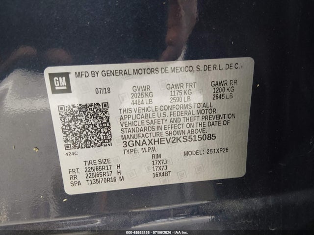 2019 Chevrolet Equinox Ls მანქანა იყიდება აუქციონზე, vin: 3GNAXHEV2KS515085, აუქციონის ნომერი: 45552456