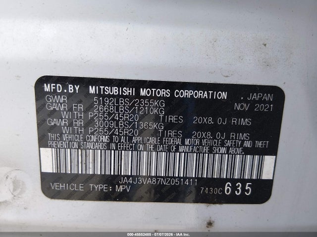 Продаж на аукціоні авто 2022 Mitsubishi Outlander Sel 2.5 2wd/sel Special Edition 2wd, vin: JA4J3VA87NZ051411, номер лоту: 45552485