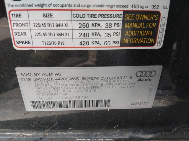 Продаж на аукціоні авто 2006 Audi A3 2.0t, vin: WAUNF78P36A146794, номер лоту: 45552504