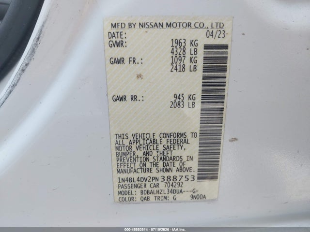 1N4BL4DV2PN388753 Nissan Altima Sv Fwd