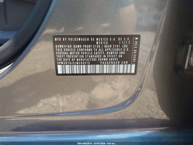 45552518 :رقم المزاد ، 3VW2B7AJ3JM260570 vin ، 2018 Volkswagen Jetta 1.4t S مزاد بيع