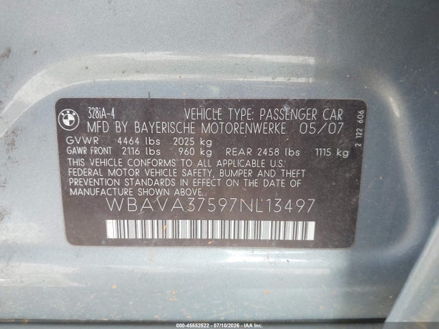 Aukcja sprzedaży 2007 Bmw 328i, vin: WBAVA37597NL13497, numer aukcji: 45552522
