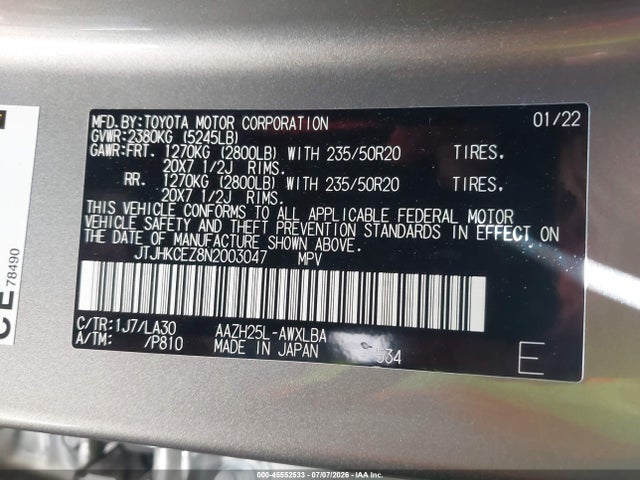45552533 :رقم المزاد ، JTJHKCEZ8N2003047 vin ، 2022 Lexus Nx 350h Luxury مزاد بيع