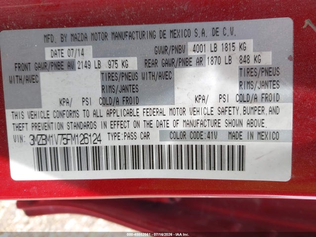 Aukcja sprzedaży 2015 Mazda Mazda3 I Touring, vin: 3MZBM1V75FM126124, numer aukcji: 45552561