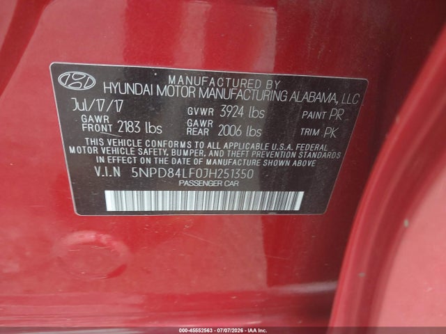 Aukcja sprzedaży 2018 Hyundai Elantra Sel, vin: 5NPD84LF0JH251350, numer aukcji: 45552563