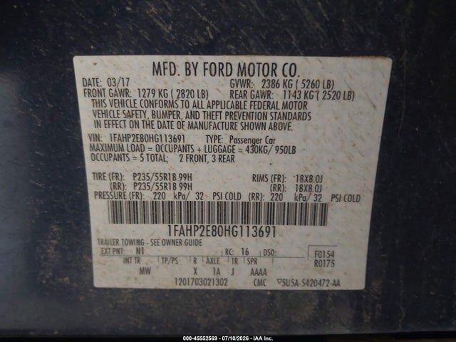 Aukcja sprzedaży 2017 Ford Taurus Sel, vin: 1FAHP2E80HG113691, numer aukcji: 45552569
