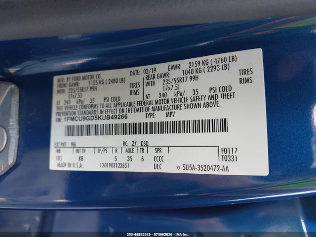 45552589 :رقم المزاد ، 1FMCU9GD5KUB49266 vin ، 2019 Ford Escape Se مزاد بيع