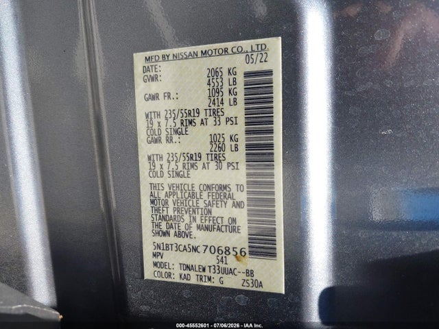 Продаж на аукціоні авто 2022 Nissan Rogue Sl Fwd, vin: 5N1BT3CA5NC706856, номер лоту: 45552601