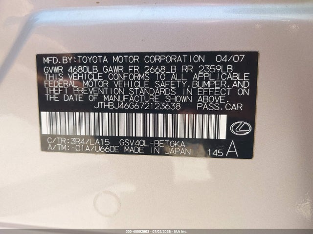 Aukcja sprzedaży 2007 Lexus Es 350, vin: JTHBJ46G672123638, numer aukcji: 45552603