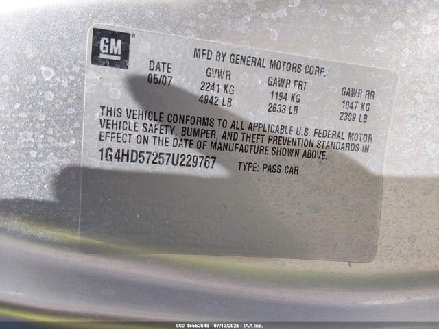 2007 Buick Lucerne Cxl მანქანა იყიდება აუქციონზე, vin: 1G4HD57257U229767, აუქციონის ნომერი: 45552648