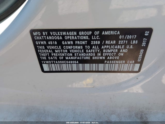 Продаж на аукціоні авто 2017 Volkswagen Passat 1.8t R-line, vin: 1VWDT7A30HC049054, номер лоту: 45552666