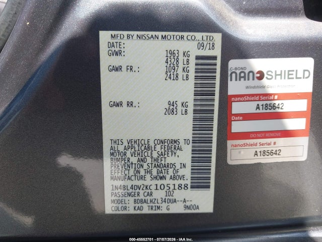 Aukcja sprzedaży 2019 Nissan Altima 2.5 Sv, vin: 1N4BL4DV2KC105188, numer aukcji: 45552701