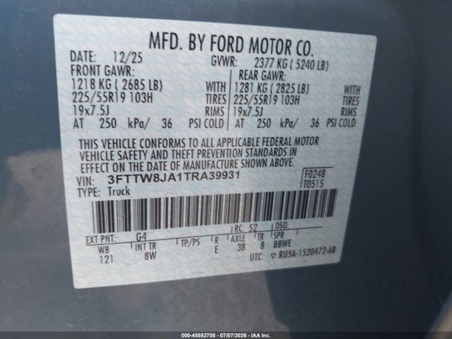 Продаж на аукціоні авто 2026 Ford Maverick Xlt, vin: 3FTTW8JA1TRA39931, номер лоту: 45552708
