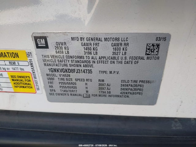 Chevrolet Traverse Lt 2015 1GNKVGKD8FJ314735 Image 9