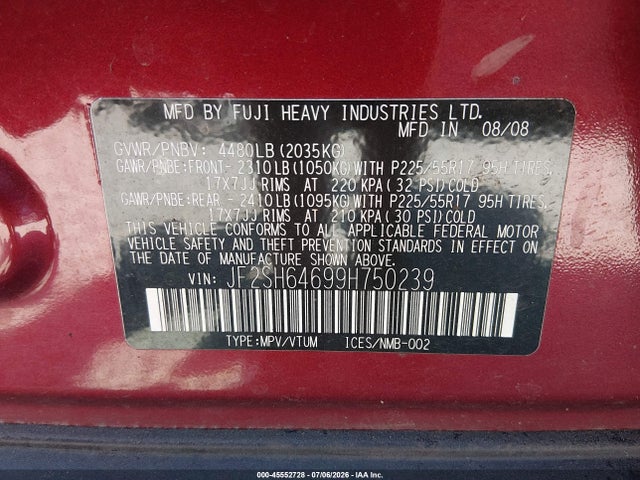 Продаж на аукціоні авто 2009 Subaru Forester 2.5x Limited, vin: JF2SH64699H750239, номер лоту: 45552728