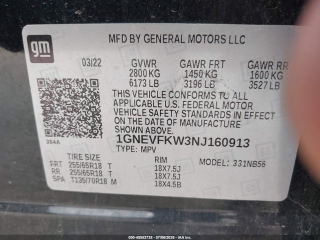 Auction sale of the 2022 Chevrolet Traverse Awd Ls, vin: 1GNEVFKW3NJ160913, lot number: 45552738