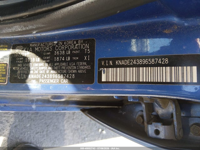 Aukcja sprzedaży 2009 Kia Rio5 Sx, vin: KNADE243896587428, numer aukcji: 45552743