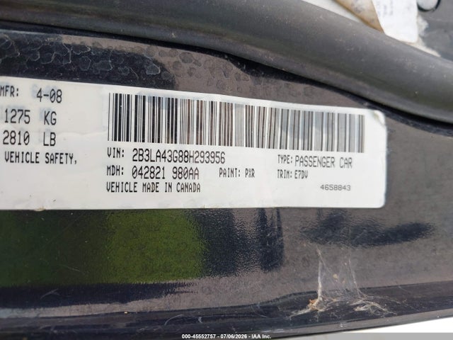 45552757 :رقم المزاد ، 2B3LA43G88H293956 vin ، 2008 Dodge Charger مزاد بيع
