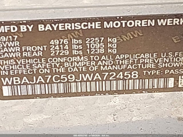 Aukcja sprzedaży 2018 Bmw 530i Xdrive, vin: WBAJA7C59JWA72458, numer aukcji: 45552760