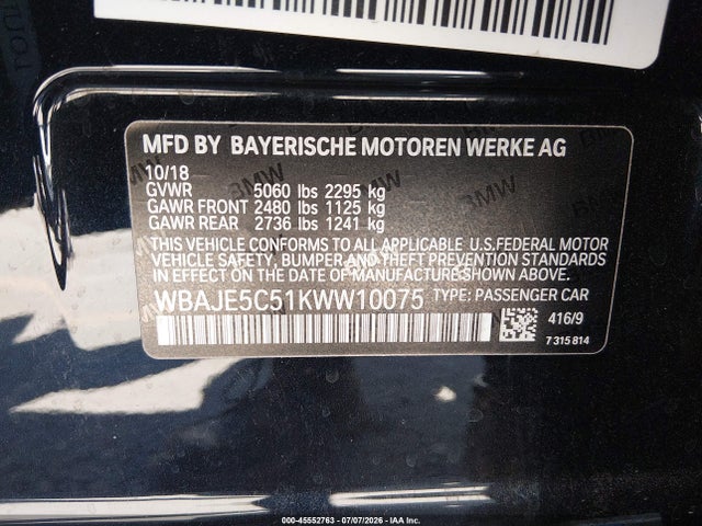 BMW 540I 2019 WBAJE5C51KWW10075 Image 9