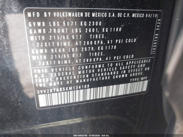 Продаж на аукціоні авто 2019 Volkswagen Tiguan 2.0t Se/2.0t Sel/2.0t Sel R-line/2.0t Sel R-line Black, vin: 3VV2B7AX5KM134169, номер лоту: 45552768