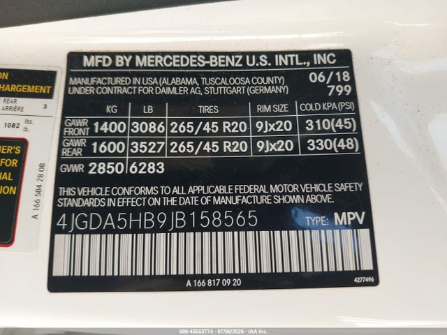 Aukcja sprzedaży 2018 Mercedes-benz Gle 350 4matic, vin: 4JGDA5HB9JB158565, numer aukcji: 45552774