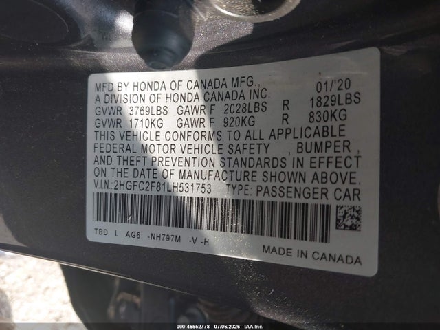 45552778 :رقم المزاد ، 2HGFC2F81LH531753 vin ، 2020 Honda Civic Sport مزاد بيع