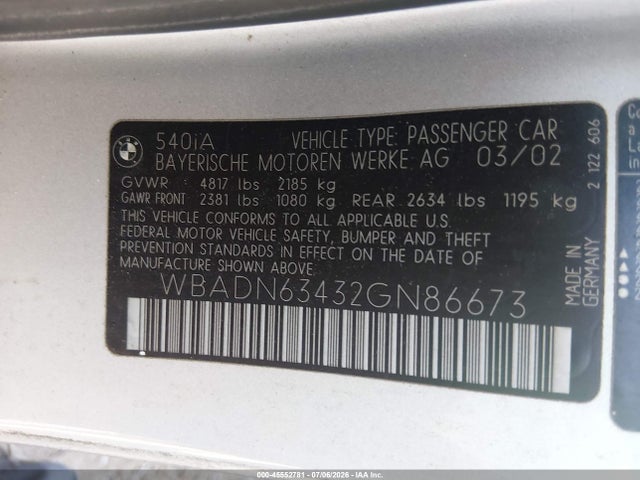 Aukcja sprzedaży 2002 Bmw 5 Series 540ia, vin: WBADN63432GN86673, numer aukcji: 45552781
