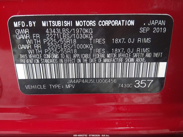 Aukcja sprzedaży 2020 Mitsubishi Outlander Sport 2.0 Se, vin: JA4AP4AU5LU006456, numer aukcji: 45552782