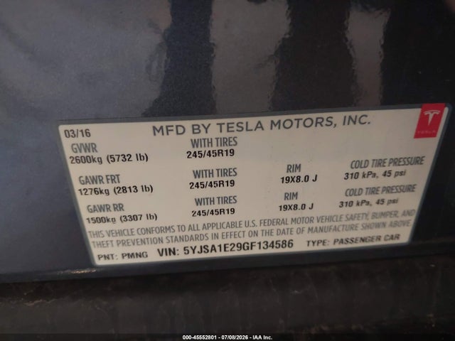Tesla Model S 60d/70d/75d/85d/90d 2016 5YJSA1E29GF134586 Image 9